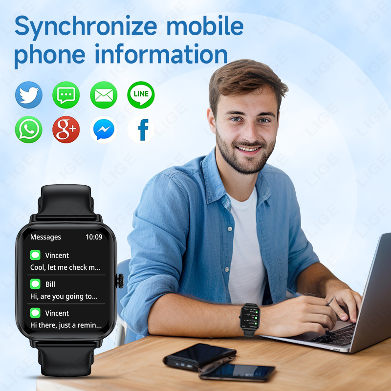 LIGE smartwatch features wireless call, music control, heart rate and blood pressure monitoring, health monitoring, multiple sports modes, and is IP67