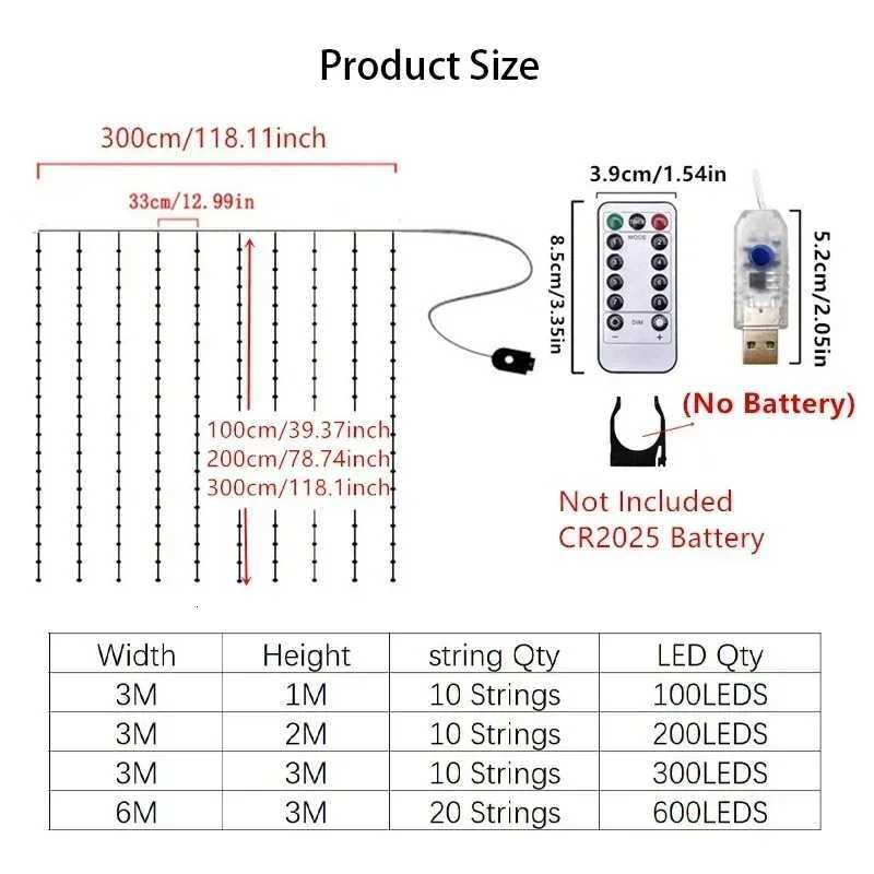 3/6M USB LED Curtain 8 Modes Remote Control String Lights Holiday Wedding Fairy Garland Lights for Bedroom Living Room Decor XJ250710