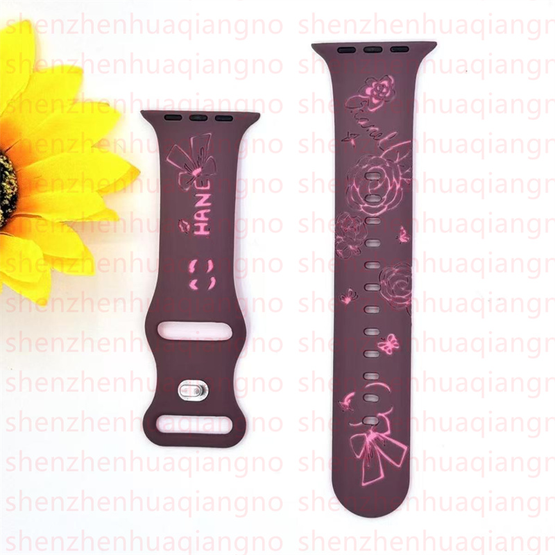Designer Flower Engraved for Apple iwatch 10 9 8 7 5 6 SE Ultra 2 Series Band 46mm 42 mm 49mm 38mm 40mm 44mm 41mm 45mm Liquid Silicone Watch Strap Wri