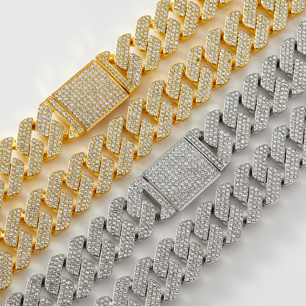 20MM Hip-Hop Full Thick Necklace Zinc Alloy Rhombus Exaggerated Three-Row Dia Cuban Chain for Men