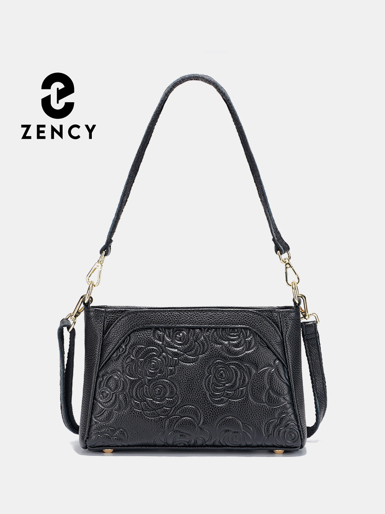 Zency Women Elegant Rose Embossing Cowhide Leather Black Handbag Shoulder Bag Crossbody Bag Small Leather Bag For Spring Summer