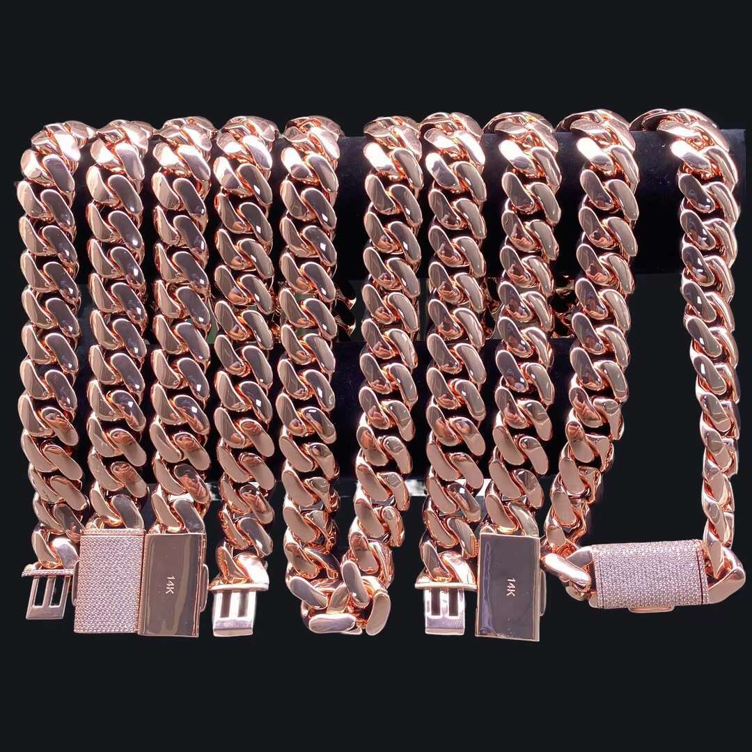 Mens 16mm-25mm Rose Gold Cuban Link Chain Necklace Heavyweight Brass Material Polished Finish Iced Out Box Clasp Fashion Jewelry