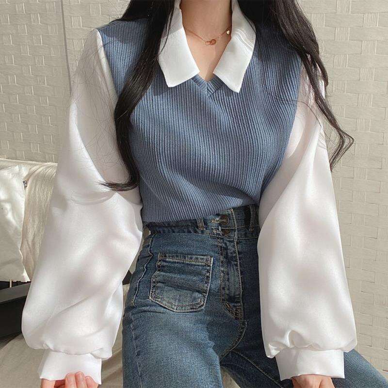 Plus Size Fat Mm Fake Two-Piece T-Shirt Women's Stitching Polo Collar Long-Sleeved Sweatshirt Threaded Loose All-Match Top B5