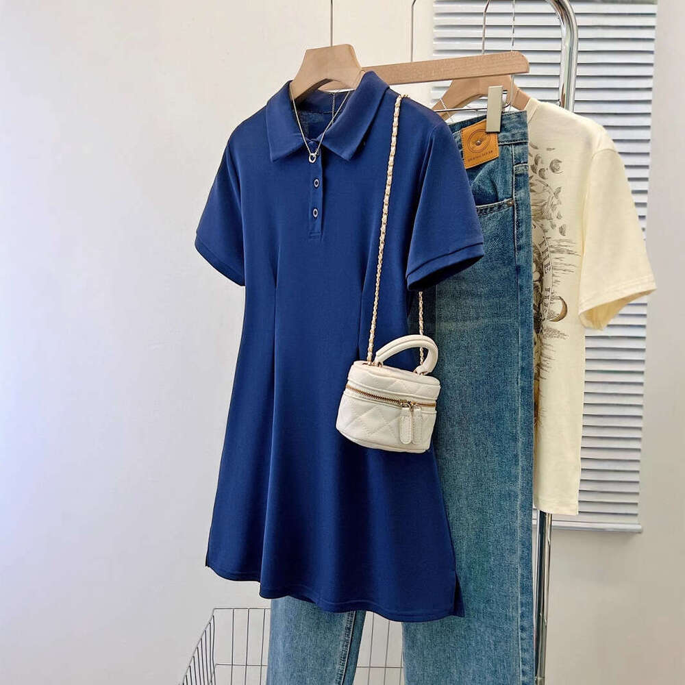 Korean Chic Summer Niche Turn-Down Collar Slim Fit Solid Color Sleeve Petite Bodycon Dress Short Skirt B5