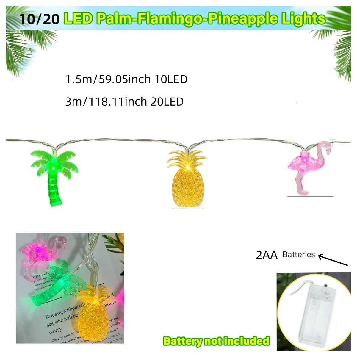 1PC 10/20 LED Flamingo Pineapple Palm Tree String Lights Battery Operated Tropical Beach Hawaiian Fairy Atmosphere Lights XJ250710