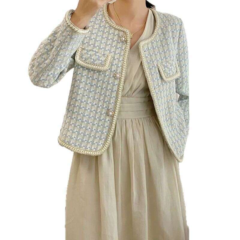 Spring And Autumn New Light Blue French Tweed Petite Elegant Short Jacket For Women B5