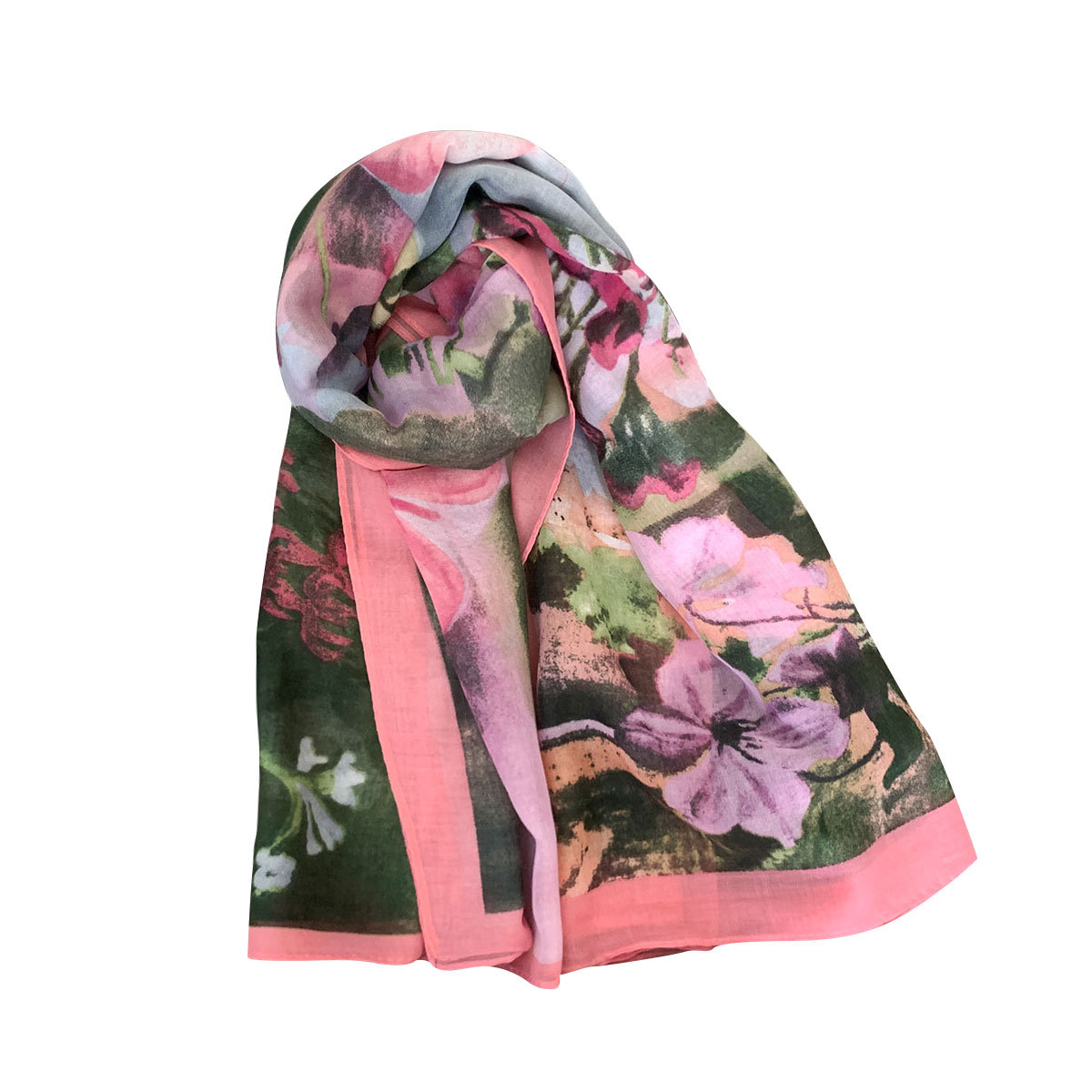 K1310 Silk scarf women's new pink flower print imitation silk cotton sunscreen shawl women's thin versatile fashion large square scarf