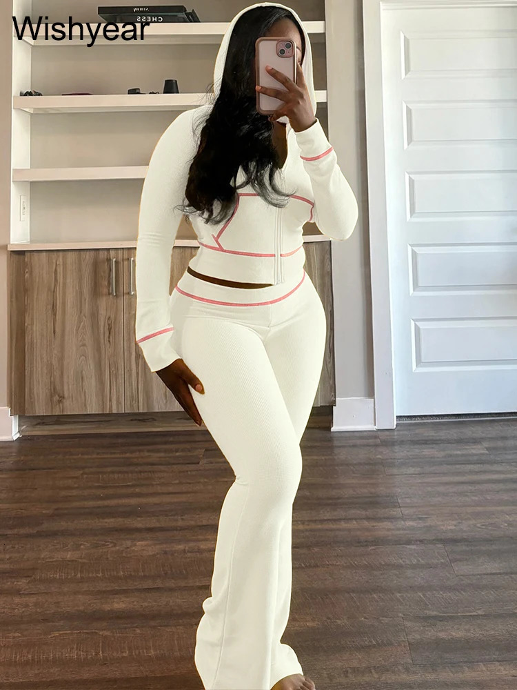 Fashion Yellow Long Sleeve Hooded Crop Jacket Top and Jogger Flare Pants Two 2 Piece Set Women Sweatsuit Tracksuit Matching Suit 250709