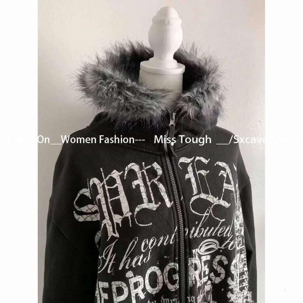hoodie American Vintage Black Faux Fur Sweatshirts Women Letter Printed Subculture Coats with Hooded Female Gothic Haruku Jackets Y2k jacket