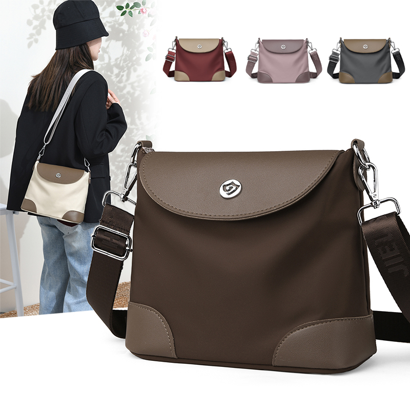 Simple color-blocked crossbody bag for women, made of nylon and leather. A versatile and chic single-shoulder bag for daily use.
