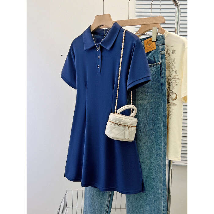 Korean Chic Summer Niche Turn-Down Collar Slim Fit Solid Color Sleeve Petite Bodycon Dress Short Skirt B5