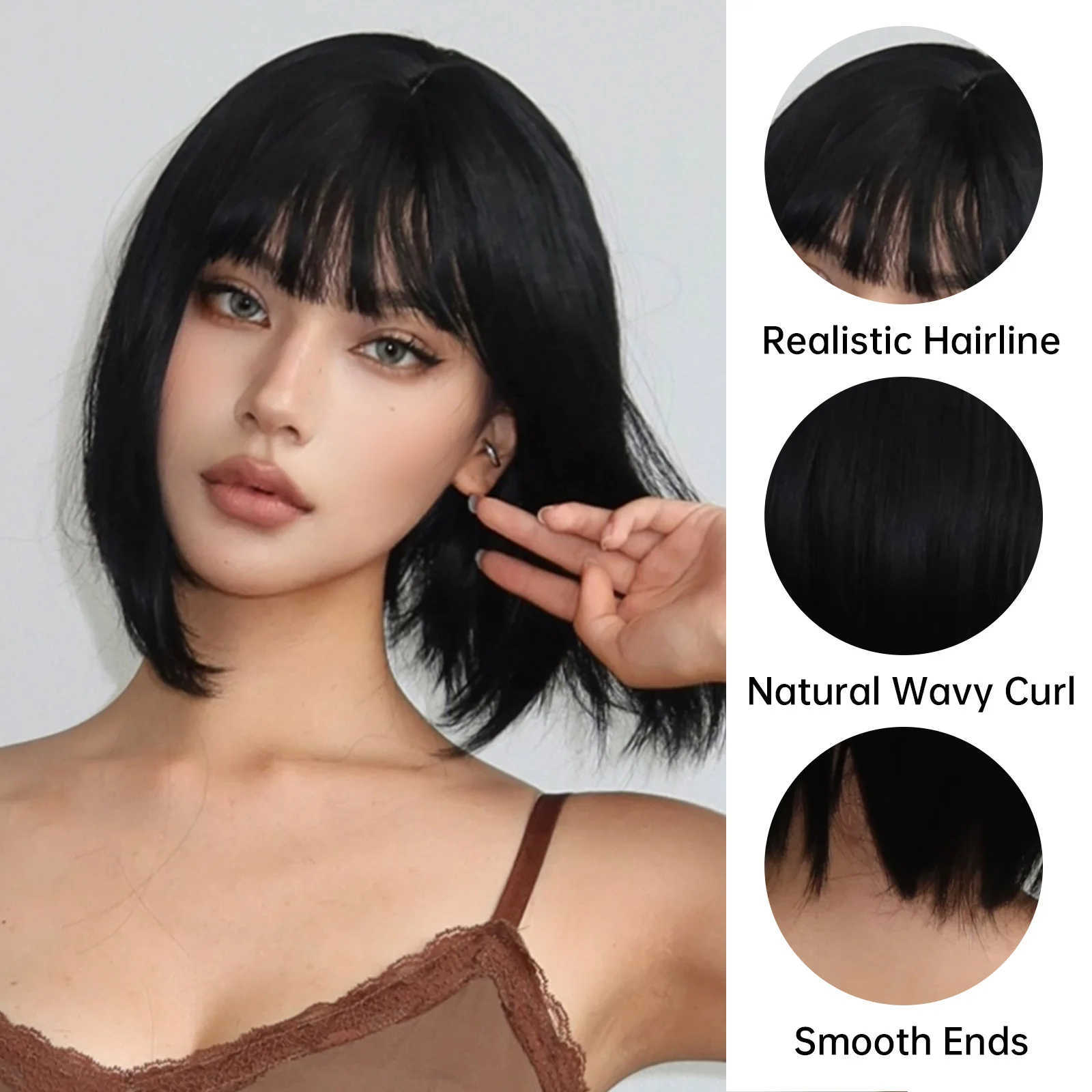 Short Straight Bob Black synthetic wig with fringe Ladies High temperature silk wig Christmas party Cosplay daily wear wig M250711