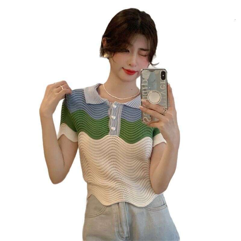 Gentle Style Polo Collar Sleeve T-Shirt For Women, French Niche Wave Pattern Short Chic Knitted Top B5