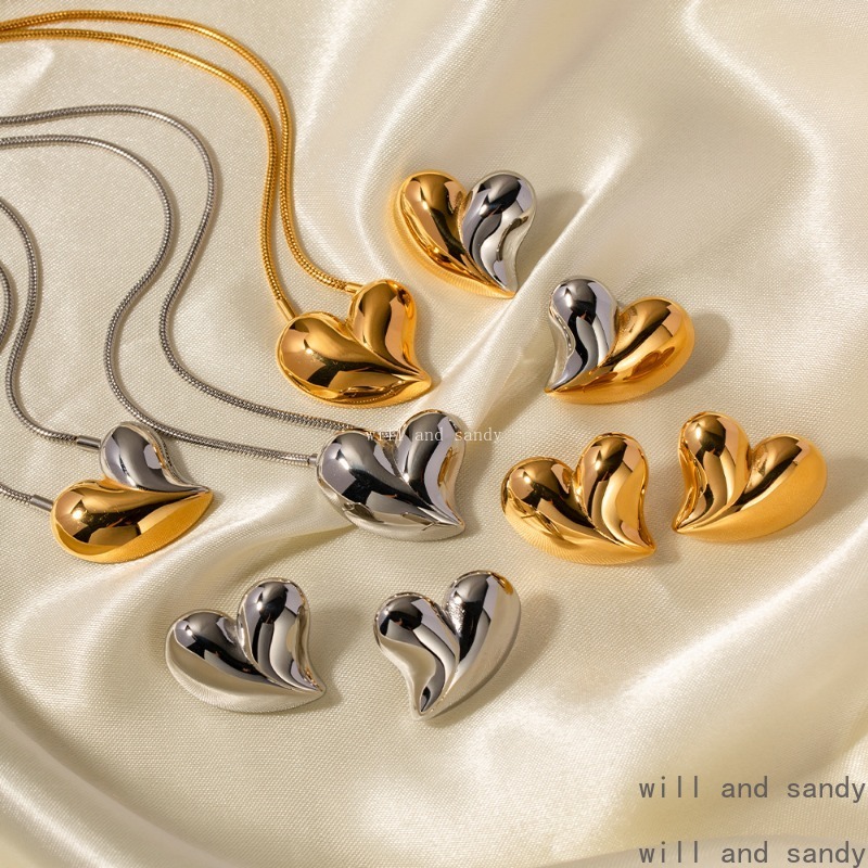 18k Gold Love Heart Stud Earrings Necklace Designer Jewelry Set Non Tarnish Stainless Steel Gold Chain Fashion Woman Necklaces Wedding Birithday Gift 