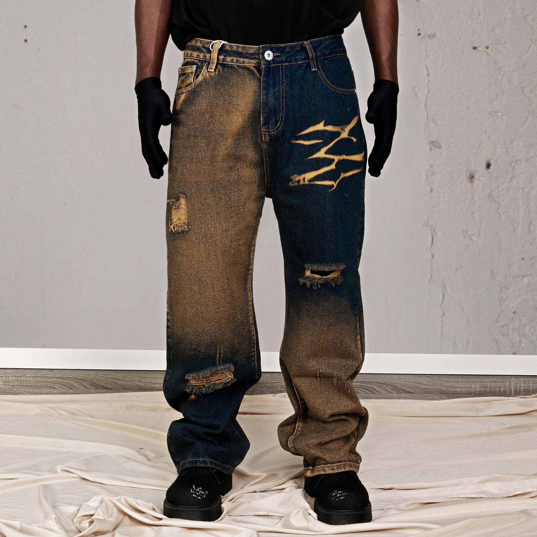 Retro Y2K Streetwear Men's Jeans Flame Skull Pattern Design Gothic Hip-Hop High Street Casual Fashionable Wide Leg pants