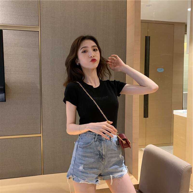 Summer New Korean Style Letter Embroidery Slim Fit Short Sleeve T-Shirt For Female Students Trendy Women's Clothing B5 2k