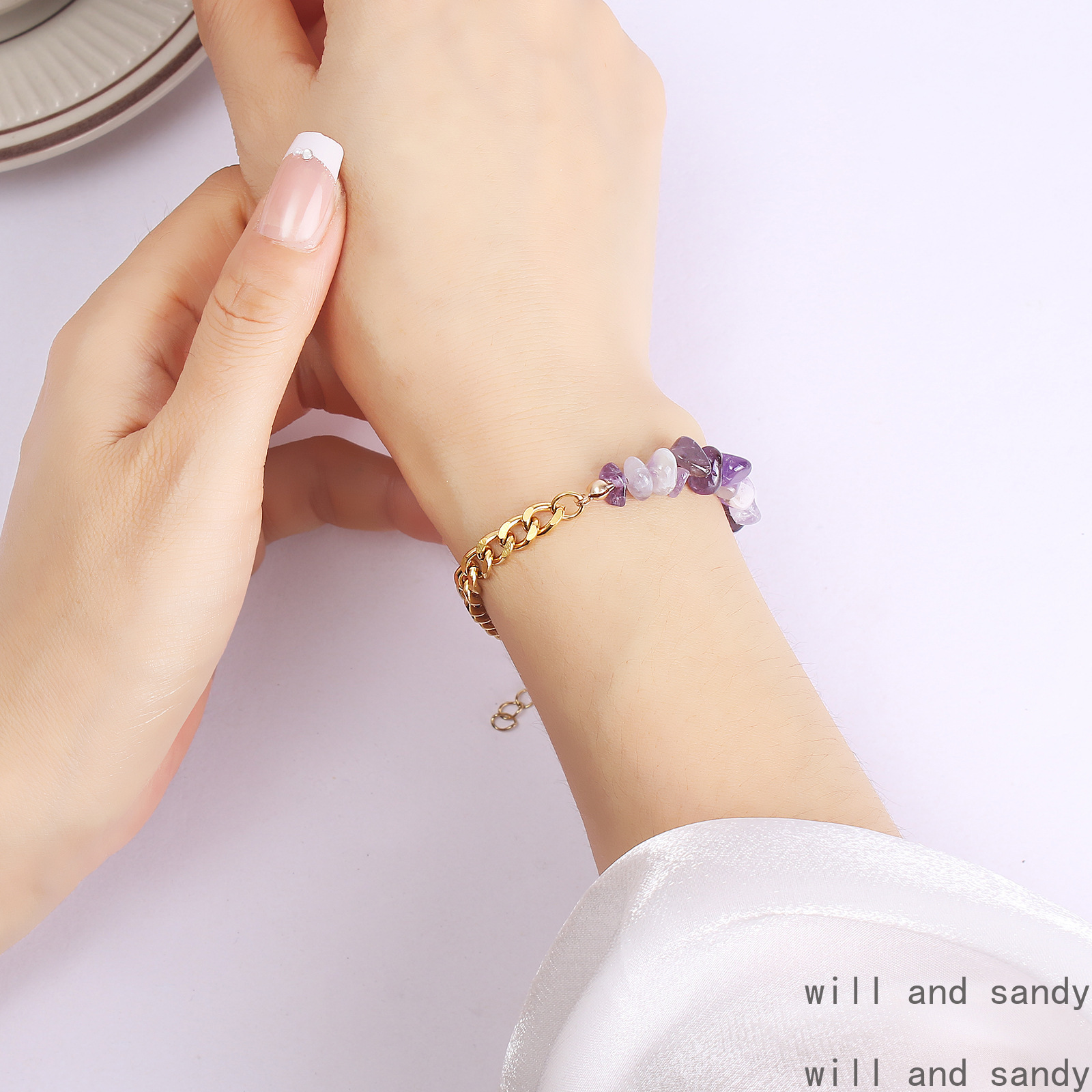 Natural Stone Chippings Bracelet Charm Stainless Steel Two Tone Gold Cuban Link Chain Bracelets Wristband Cuff for Woman Designer Jewelry