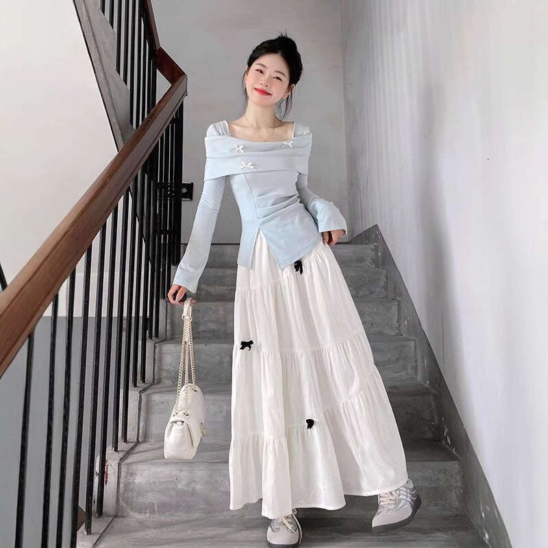 Sweet Desire Style Full Set Top Suit For Women Early Autumn Design Sense Hot Girl Long Sleeve T-Shirt High Waist Bowknot Half Skirt B5
