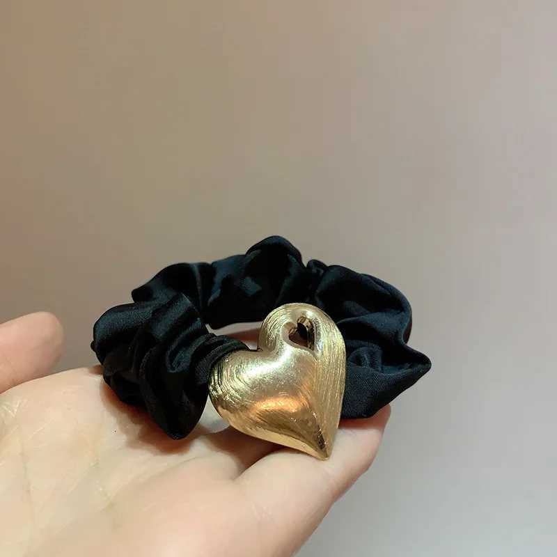 Black Scrunchies Geometric Metal Gold Color Hair Ties Elegant Silk Elastics Hair Band Solid Color Scrunchies for Women and Girls Y250711