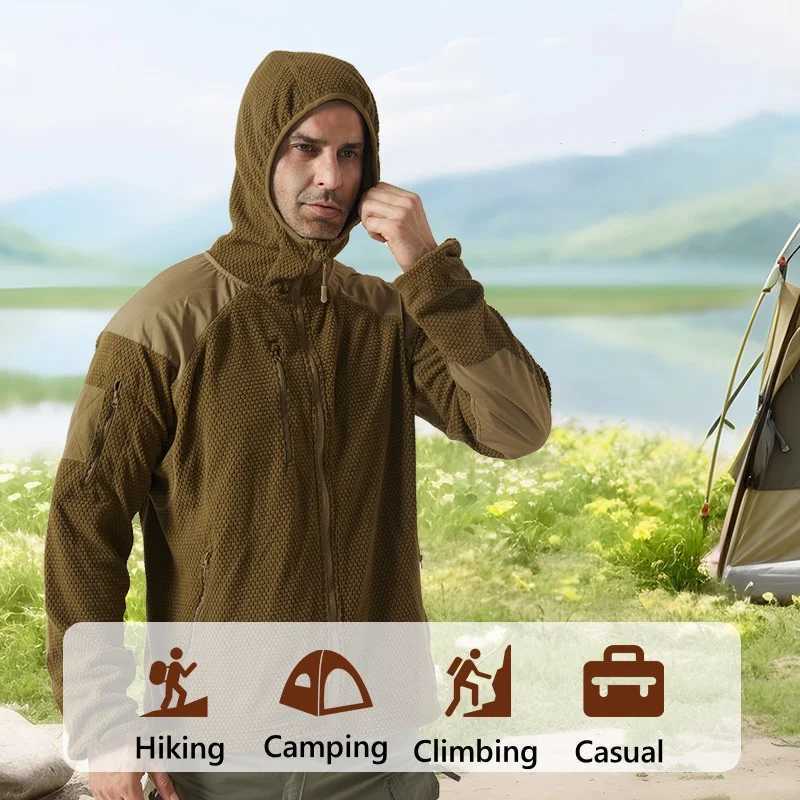 Plaid Fleece Hooded Tactical Jacket Men Autumn Winter Outdoor Warm Cycling Hiking Camping Coat Sweater Male Climbing Clothes W250711