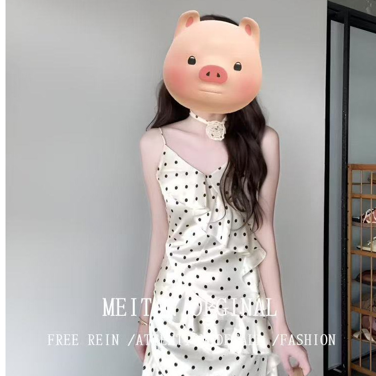 Floral Polka Dot Strap Dress for Women Summer French Style New Waist-Cinching Slimming Pure Desire Style Ruffle Dress 240314