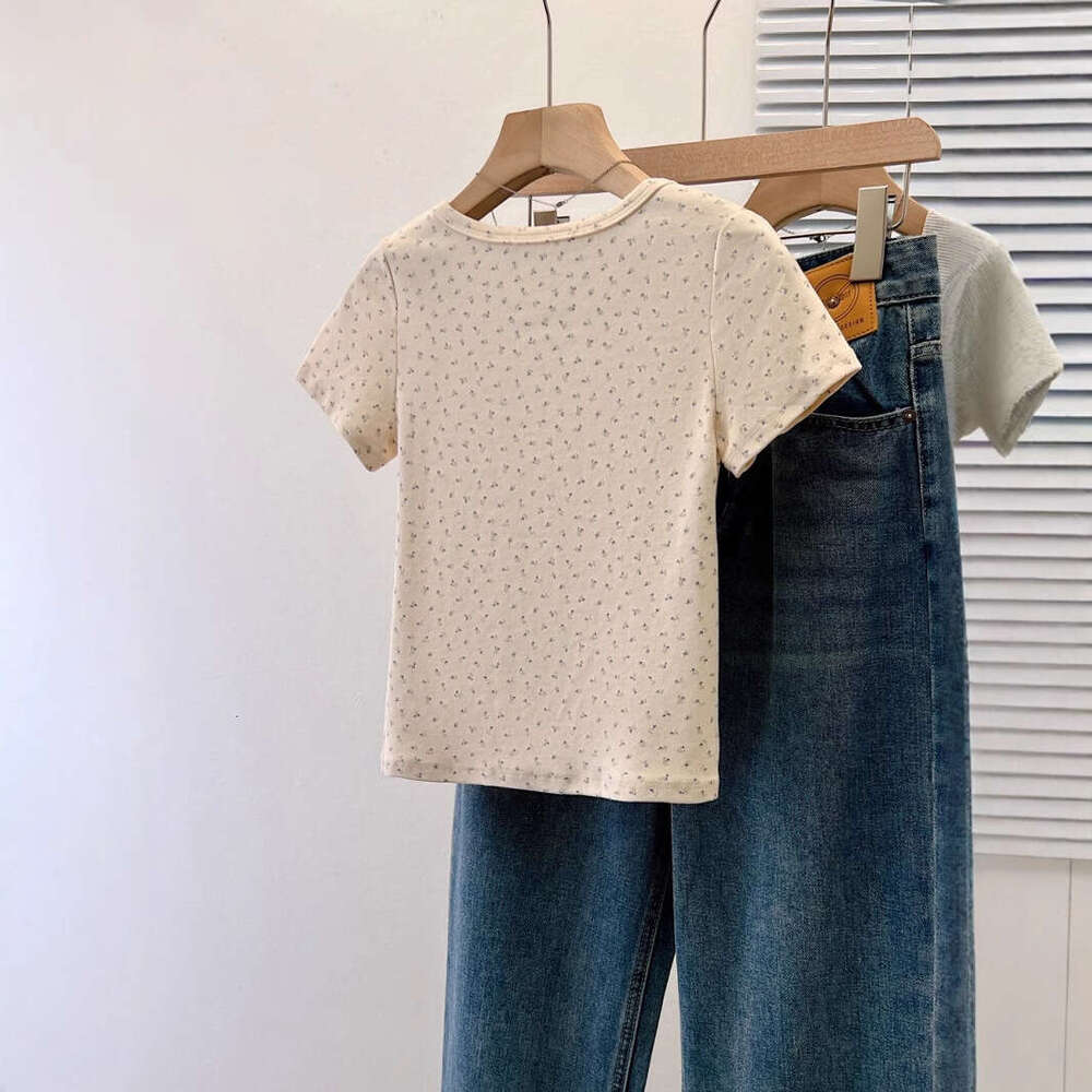 French Fresh U-Neck Floral Off-Shoulder Sleeve T-Shirt For Women Summer BM Style Short Slim Fit Sweet Spicy Girl Top B5