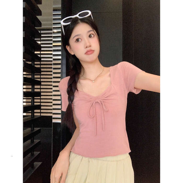 Pink Square Neck Regular Shoulder Sleeve T-Shirt For Women Summer New French Style Slim Fit Tie-Up Petite Short Top B5