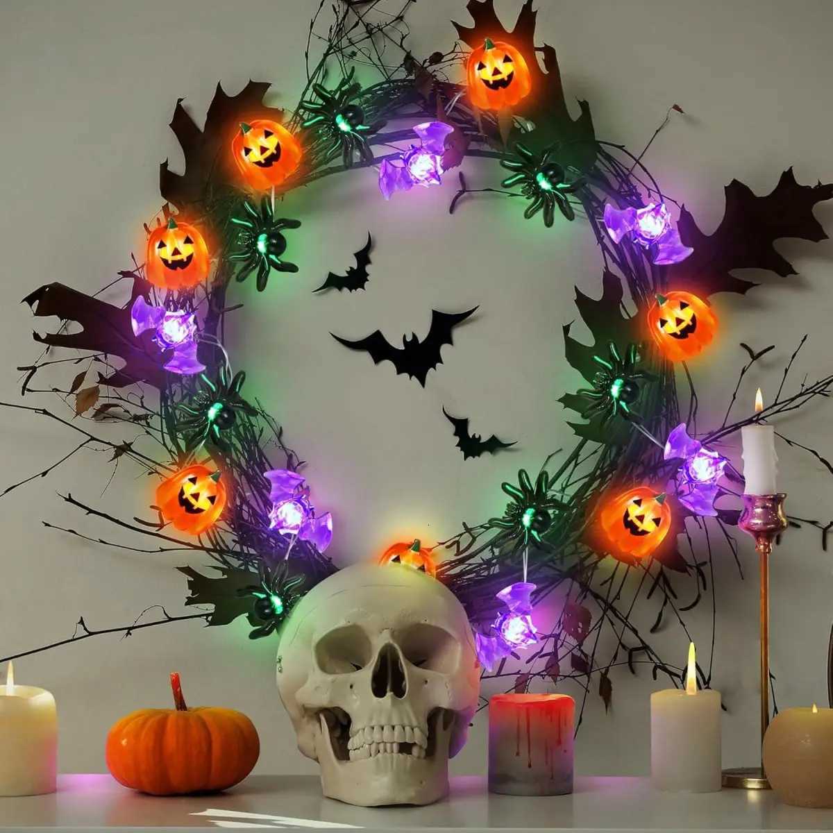 1pc LED Halloween Pumpkin Spider Bat String Light Battery Operated Waterproof Indoor And Outdoor Spooky Atmosphere Hanging Decoration XJ250710
