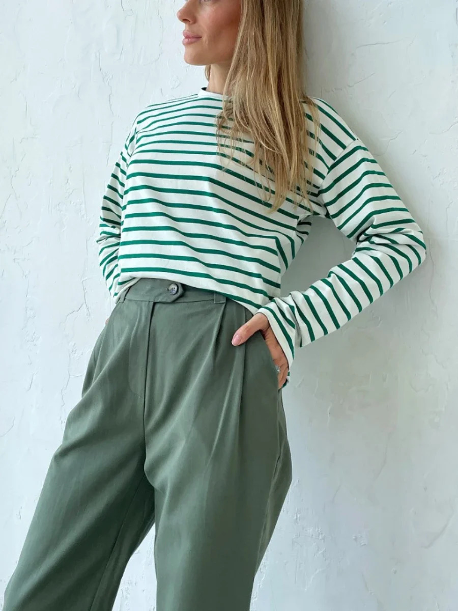 Summer Long Sleeve Striped T-Shirts Women Basic Casual Tops Female Cozy Loose Cotton Tees Harajuku T Shirt 250703