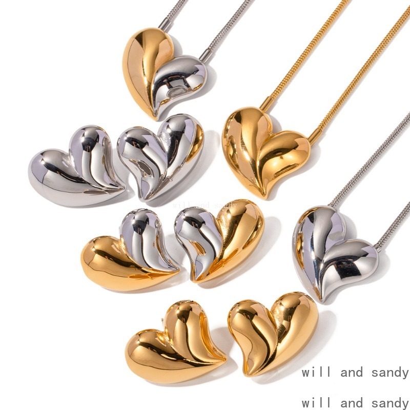 18k Gold Love Heart Stud Earrings Necklace Designer Jewelry Set Non Tarnish Stainless Steel Gold Chain Fashion Woman Necklaces Wedding Birithday Gift 