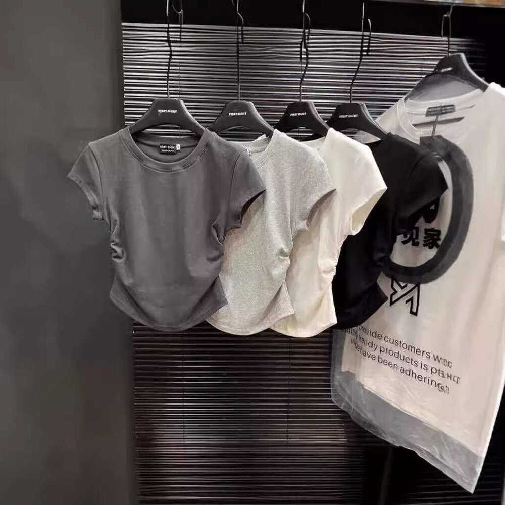 Spicy Girl Pure Desire Waist-Cinching T-Shirt Sleeve Summer New Solid Color Base Pullover Slim Fit Short Top Women B5