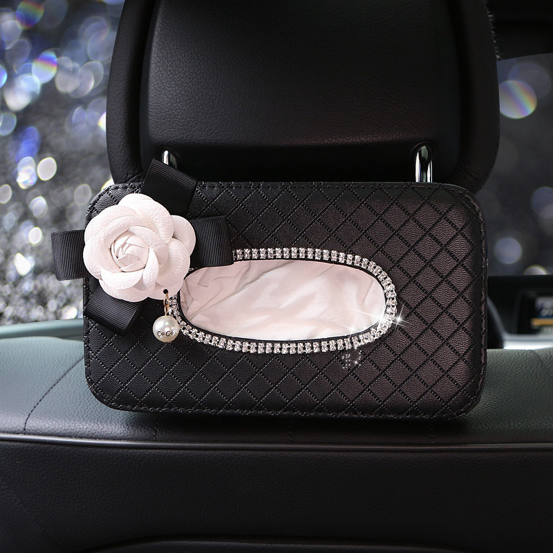 High Quality Leather Pearl Flower Car Tissue Box For Armrest Paper Holder Hanging for Auto Back Seat Headrest Organizer Storage 250711