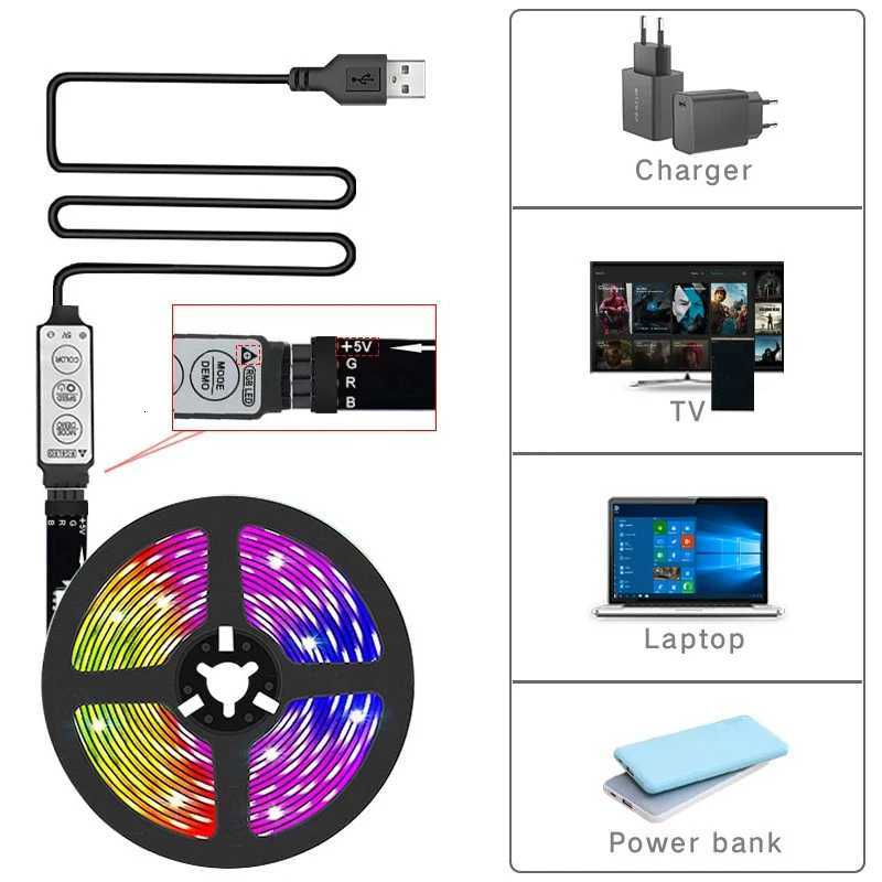 Smart RGB LED Strip Lights USB 5V Music Sync RGB 5050 LED Lights for TV Backlight Wall Room Decoration 1m 2m 3m 4m 5m RGB Tape XJ250710