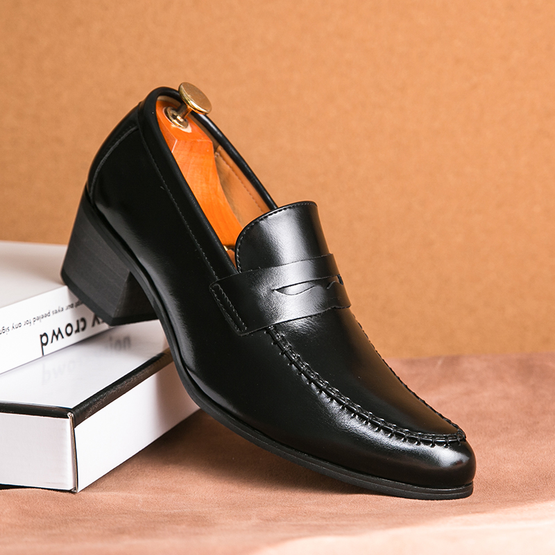 505- New Fashionable Retro Height Increasing Cuban Business Casual Shoes, European and American Pointed Leather Shoes, One Step Formal Men's Shoe