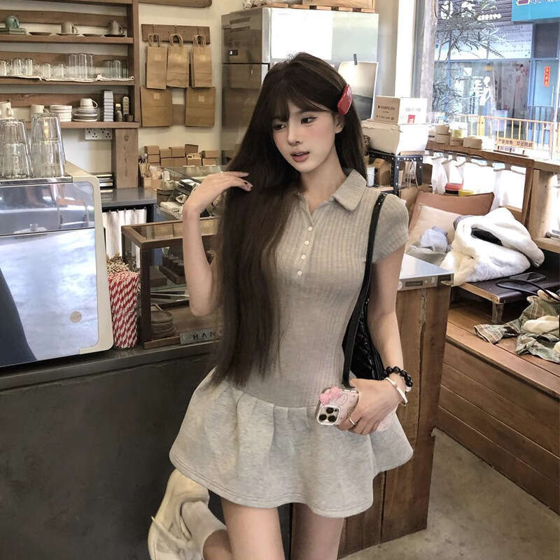 Gray Polo Collar Sleeve Women, Summer Slim Fit Waist Short For Petite Hot Girls, Slimming A-Line Dress B5