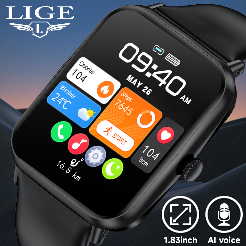 LIGE smartwatch features wireless call, music control, heart rate and blood pressure monitoring, health monitoring, multiple sports modes, and is IP67
