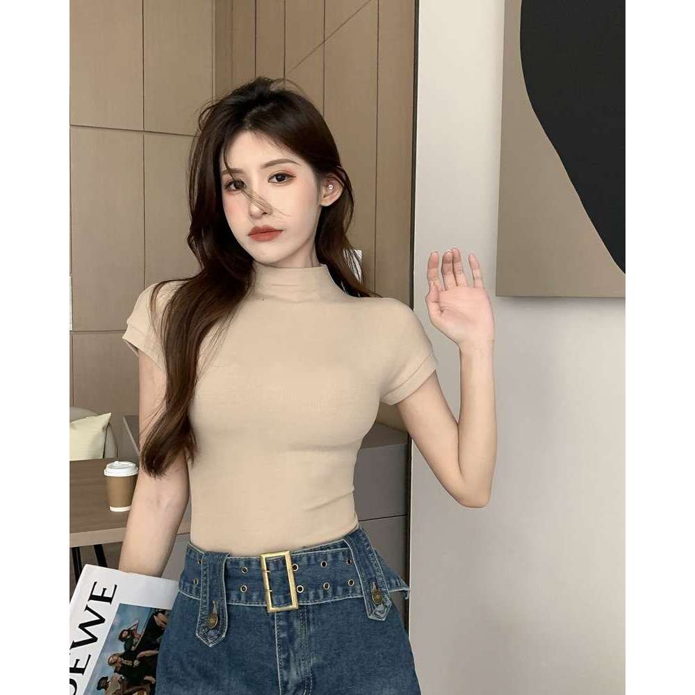 Pure Desire Style Half High Collar Short Sleeve T-Shirt For Women Summer Slim Fit Base Shirt Inner Wear Student Top Ins Trend B5