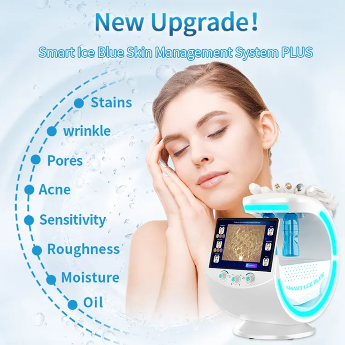 Smart Ice Blue 7-in-1 Function Skin Detection Care Small Bubble Plot Radio Frequency Lifting Beauty Introduction Instrument CE