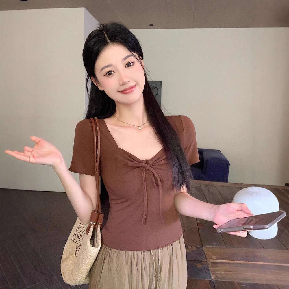 Pink Square Neck Regular Shoulder Sleeve T-Shirt For Women Summer New French Style Slim Fit Tie-Up Petite Short Top B5