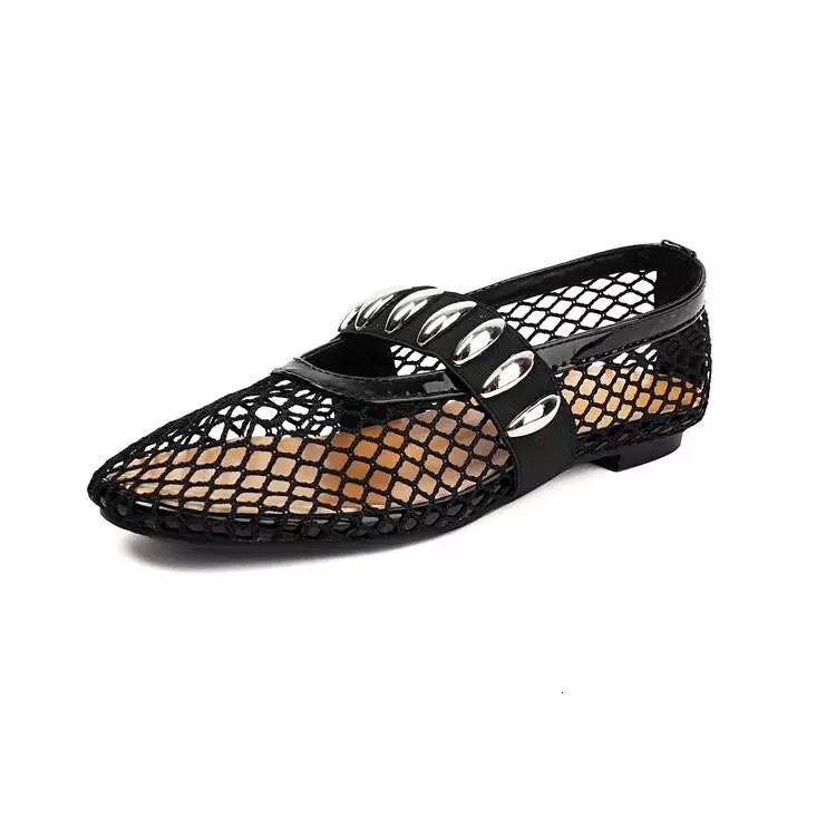 Free shipping designer shoes New European and American Fashionable Large Size Metal Buckle Round Toe Mesh Mary Jane Shoes Women Flat Fishnet Ballet Sh