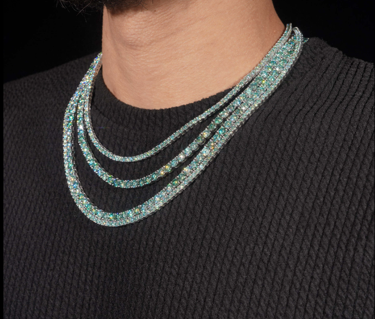 4mm Blue-green Moissanite Tennis Chain 925 Sterling Silver Gold Plated Pass Diamond Test Colors Moissanite Necklace