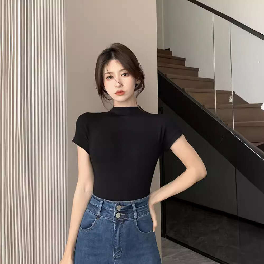 Pure Desire Style Half High Collar Short Sleeve T-Shirt For Women Summer Slim Fit Base Shirt Inner Wear Student Top Ins Trend B5