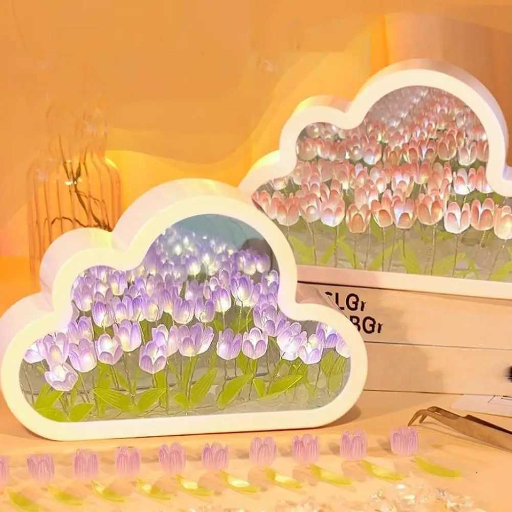12pcs DIY Cloud Mirror Tulip Lamp Night Light Girl Bedroom Ornaments Photo Frame Handmade Glass Bedside Sleep Light Christmas Gifts XJ250710