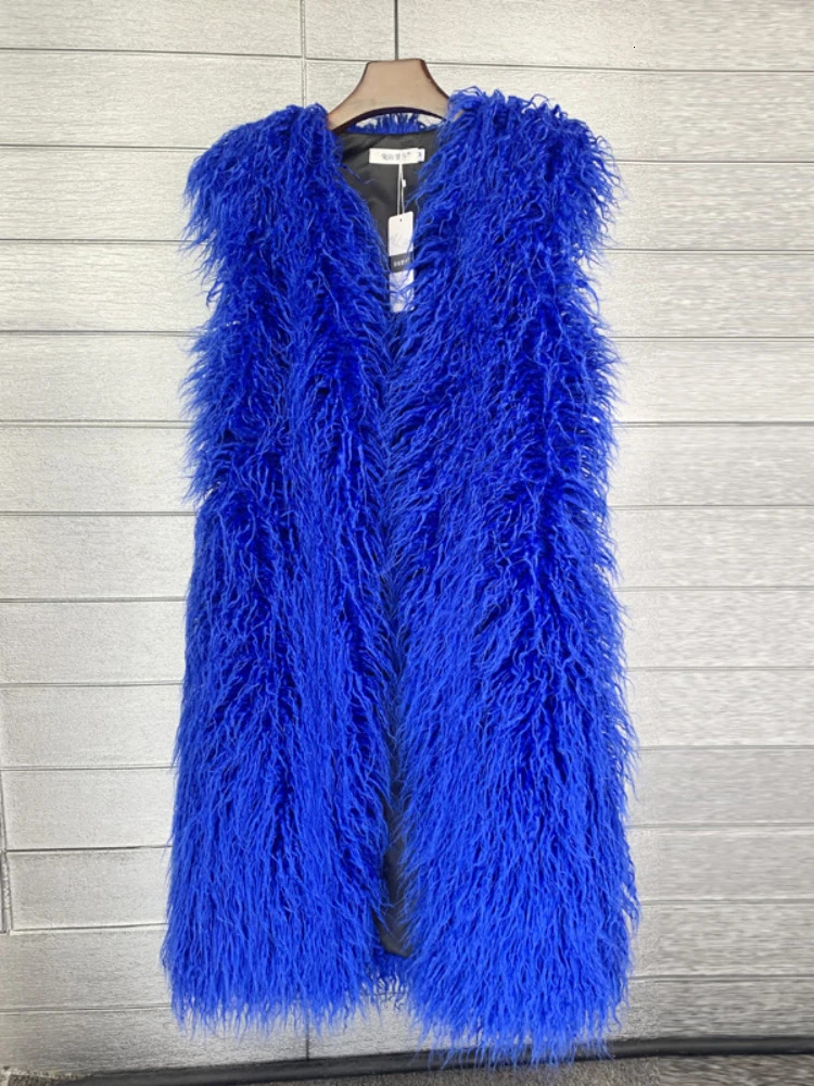 Mongolia Sheep Fur Women Long Vest Colorful Warm Faux Fur High Street Plush Coats Female Jacket Autumn Winter Furry Outerwear 250703