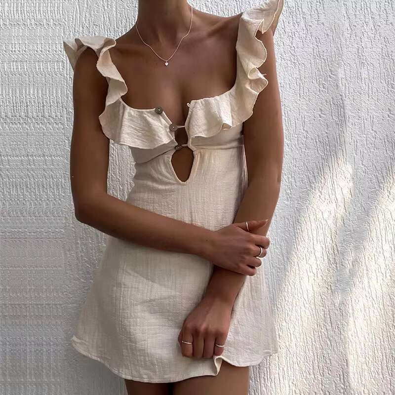 Summer Hollow Out Button Ruffles Short Sexy V Neck Sleeveless Solid Color New Holiday Beach Cotton Linen Mini Dress dongdumaoyi