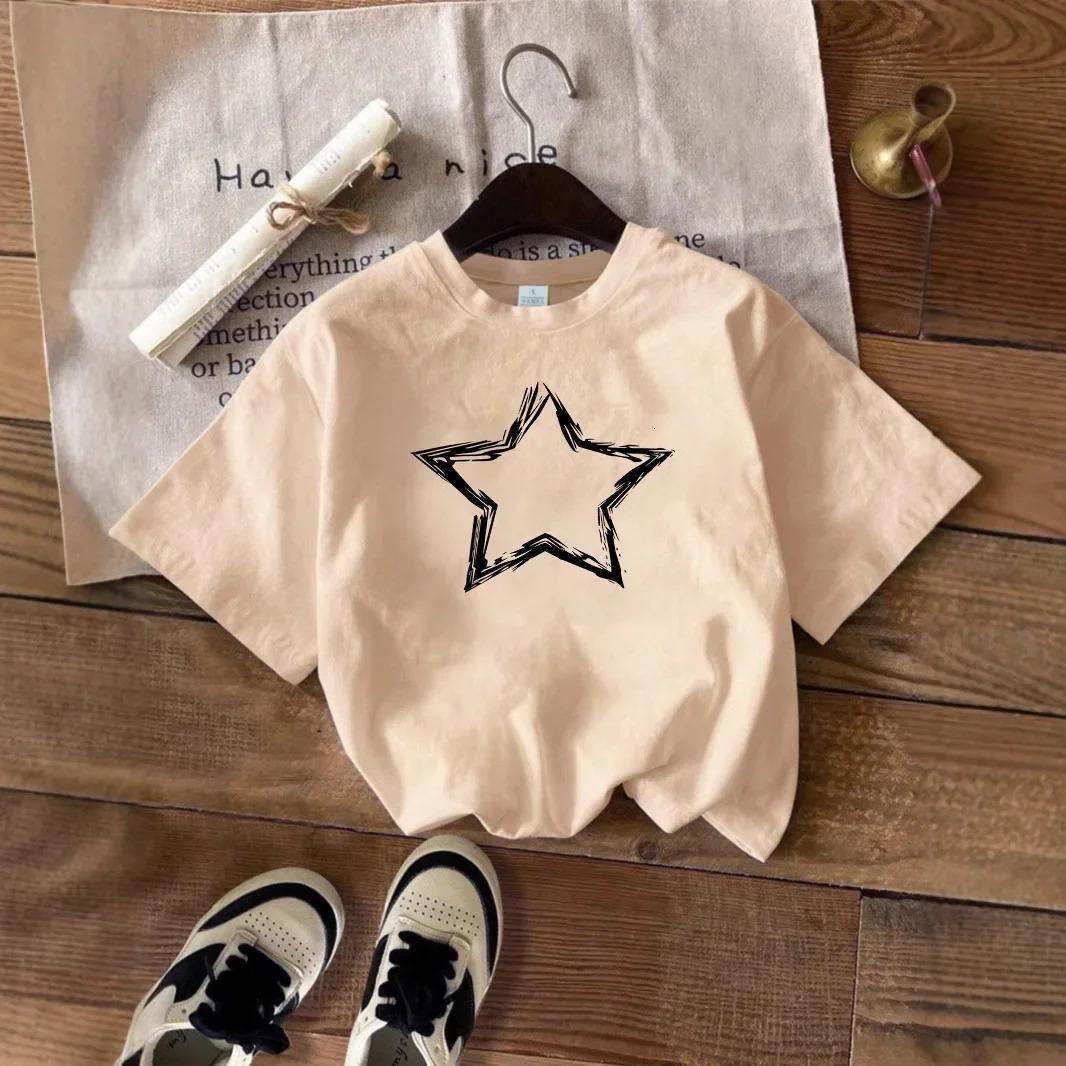 Womens Fashionable Casual T-Shirt Style Drawing Star Printing Round Neck Short Sleeves Polyester Fabric Crossbody Top 250703