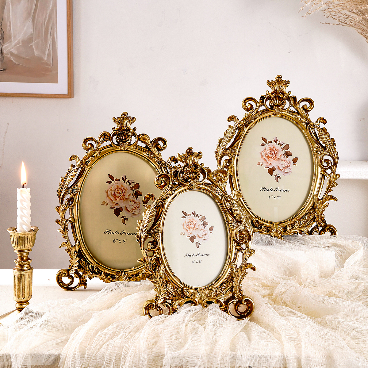 1pc European Style Vintage Gold Lace Oval Frame for Photo Show Home Decoration H260306
