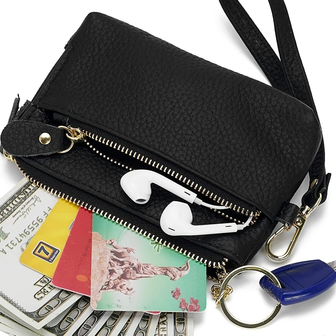 Genuine Leather Women's Wallet, Zipper Around Bank Card & Coin Purs with Detachable Wrist Strap Lychee Pattern Handbag