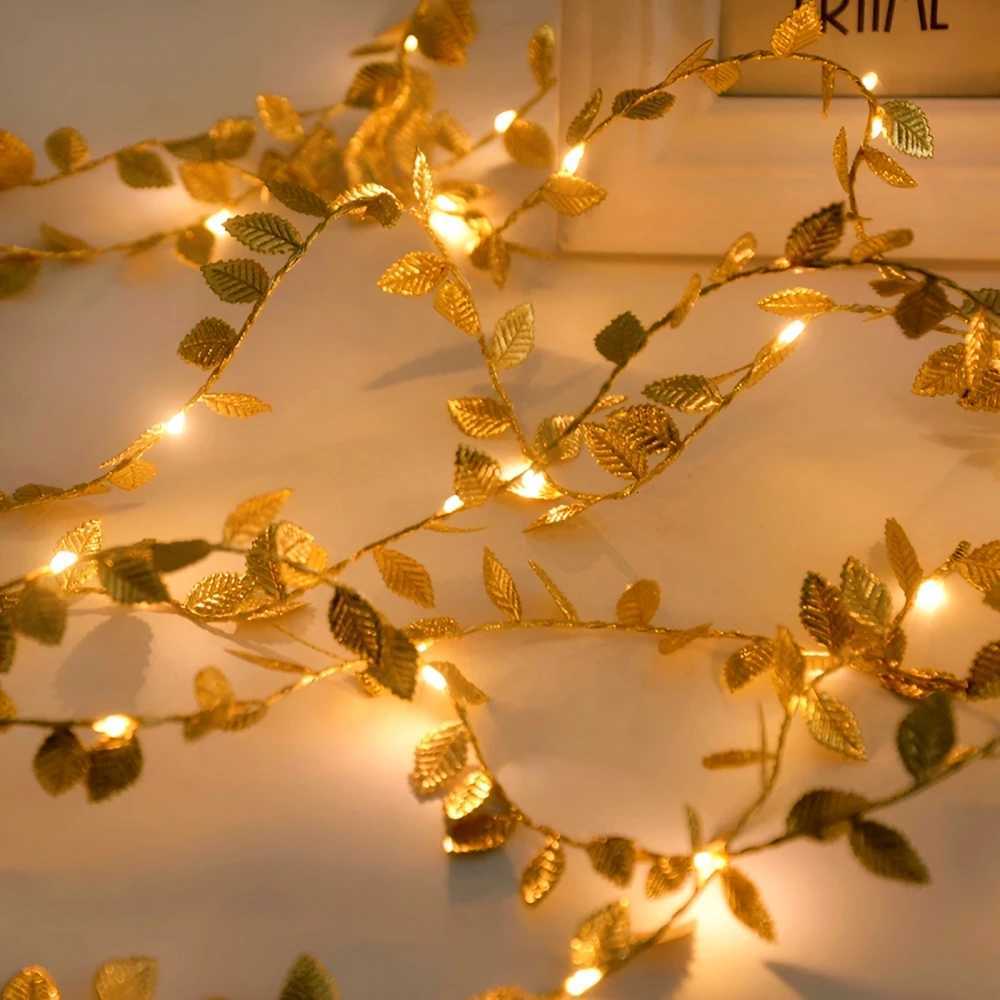 2M 20LED Golden Artificial Leaf String Lights Fairy Lights for Home Bedroom Living Room Patio Steps Theme Party Decoration XJ250710