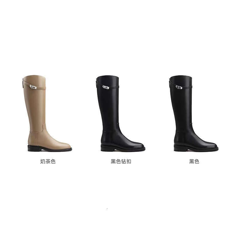 Grape Mom Same Style 2024 Autumn Winter New Long Fashion Thick Sole Round Toe Rhinestone Buckle High Tube Riding Boots for Women